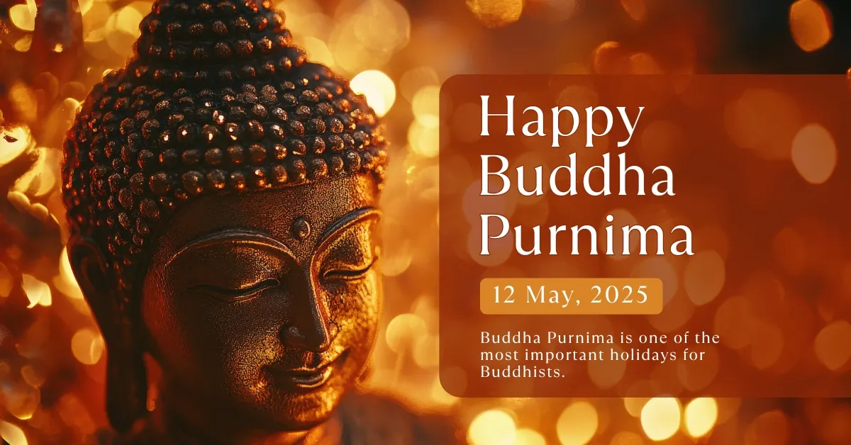 Buddha Purnima - Buddha Statue in Blurred background of Golden Lights that Evoke a Sense of Peace and Tranquility.