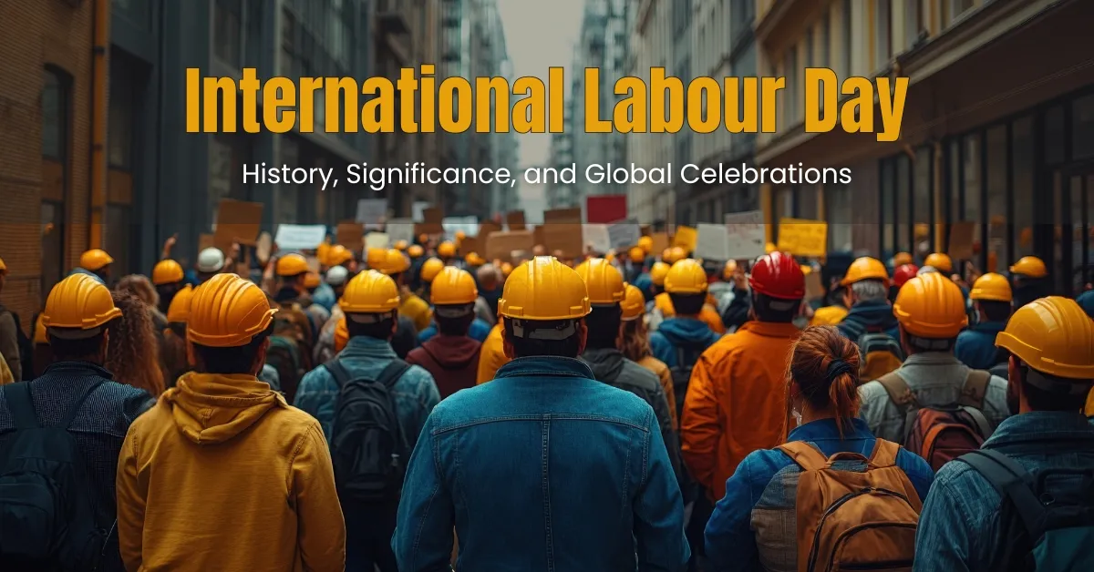 International Labour Day - Crowd of Construction Workers in Hard Hats on City Street.