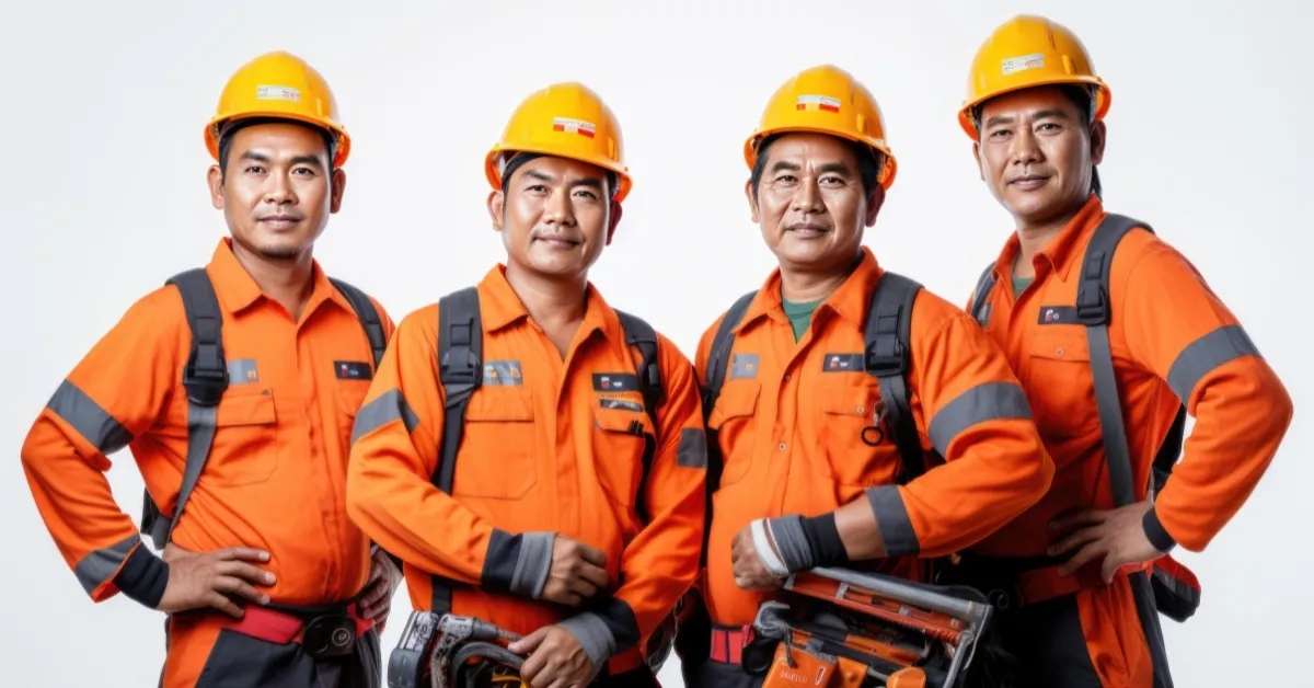 male construction workers in orange safety gear.