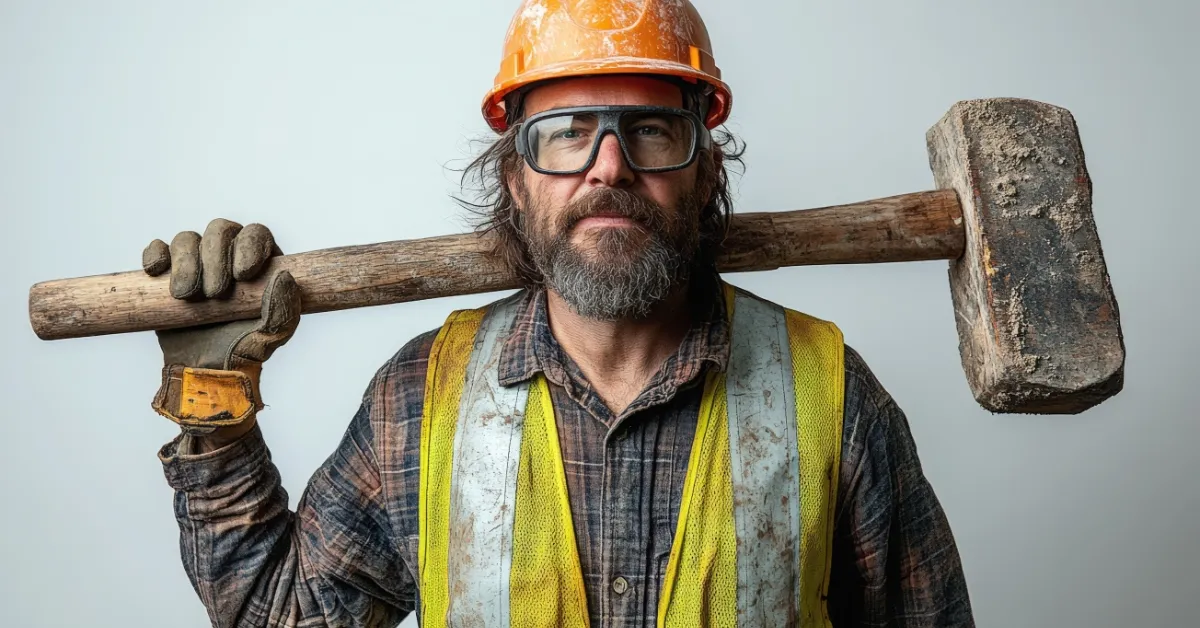 Male Construction Worker in Safety Gear Holding Hammer at Job Site.