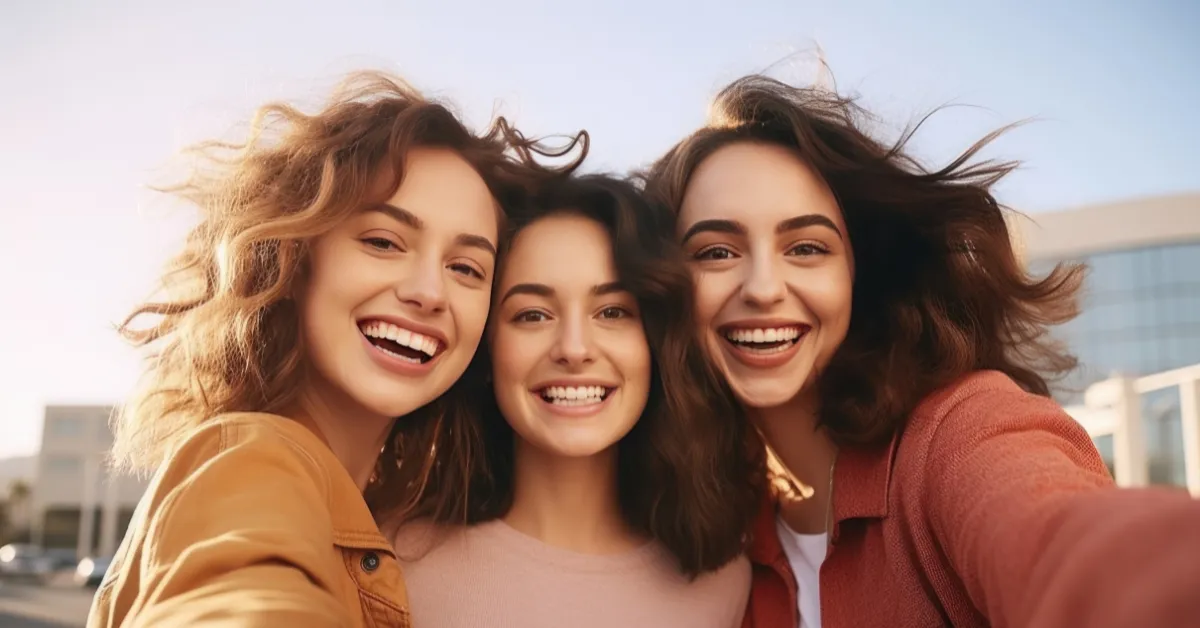Three young women capturing a joyful selfie, symbolizing the importance of supporting and uplifting today's youth.
