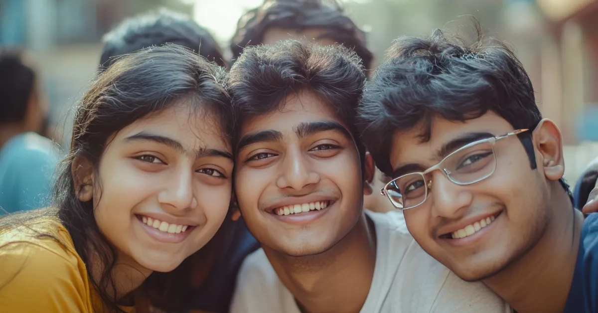 Young Indian friends smiling together, symbolizing hope and a brighter future for youth.