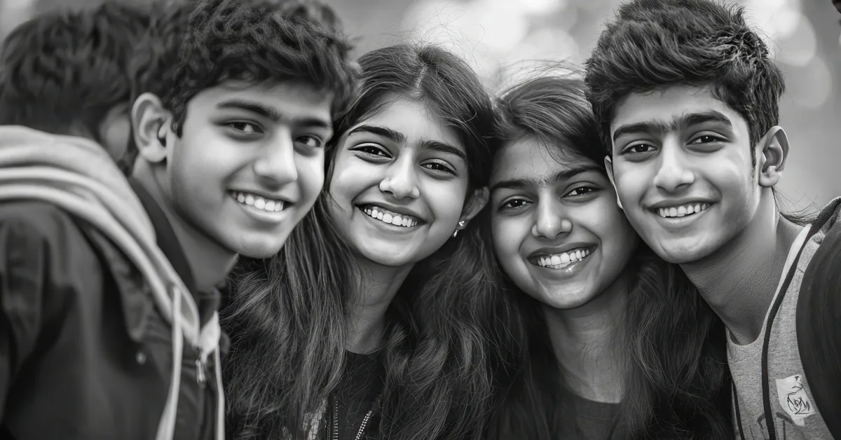 Young Indian friends smiling, symbolizing the impact of school-based mental health support.
