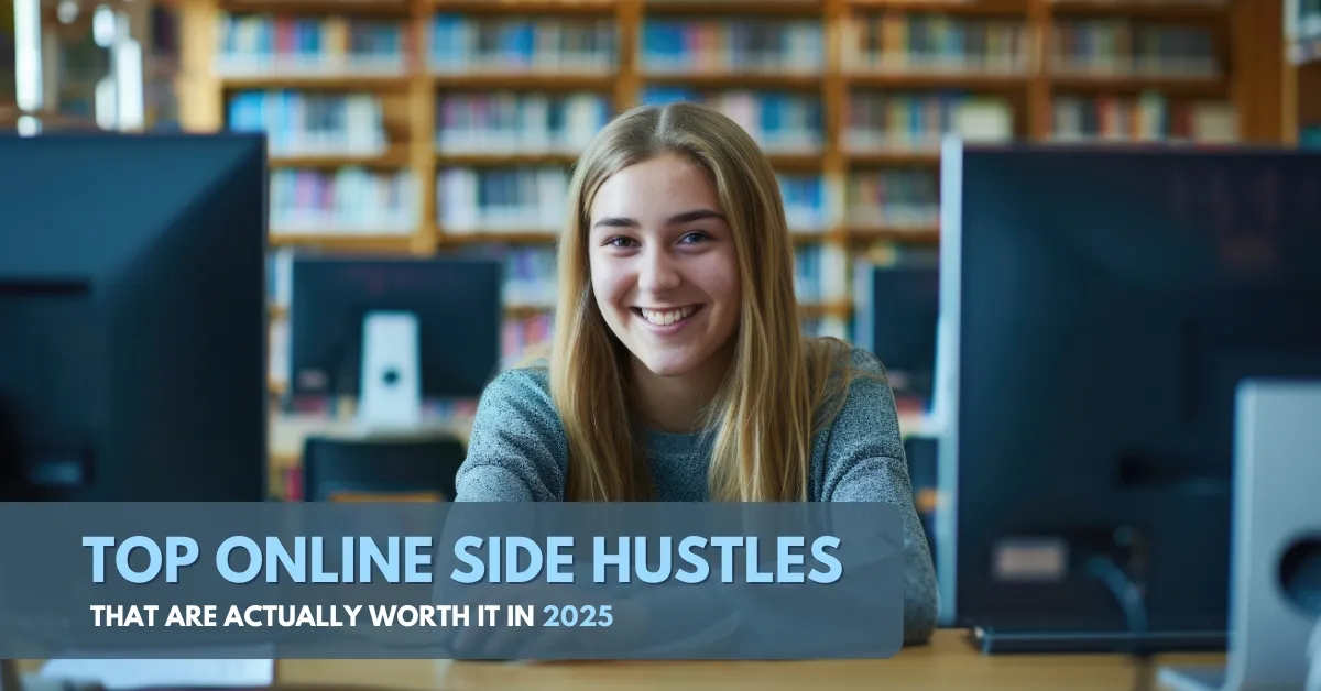 Online Side Hustles - Young American woman using computer for freelancing work.