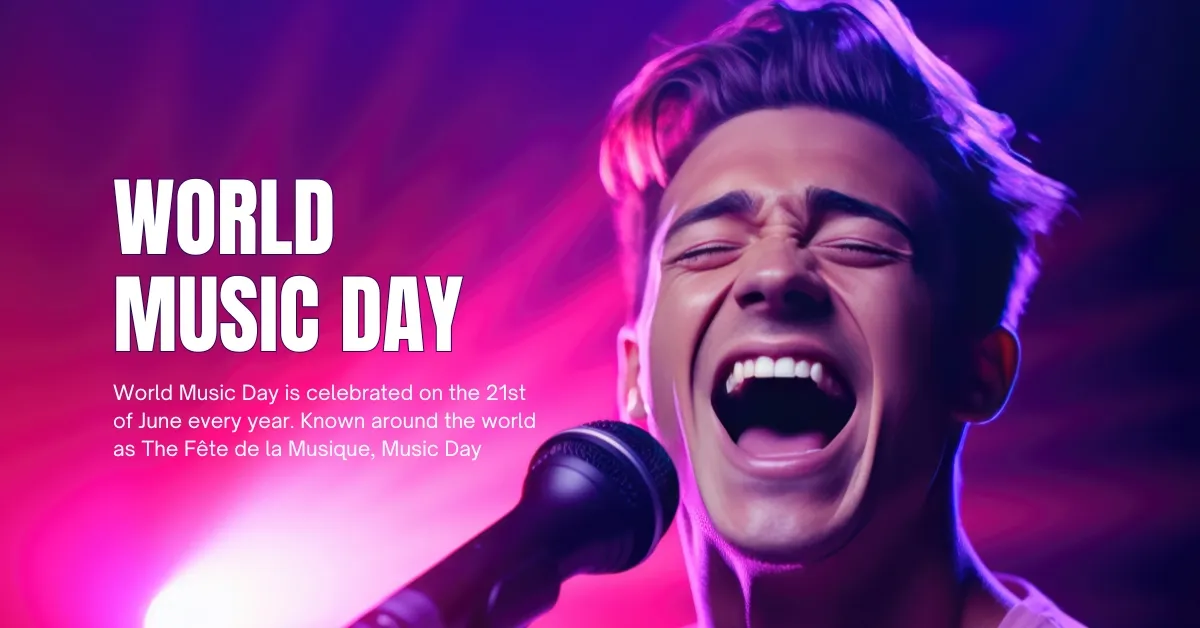 World Music Day Photo - A Man in a Pink Shirt Singing with a Microphone in a Brightly.