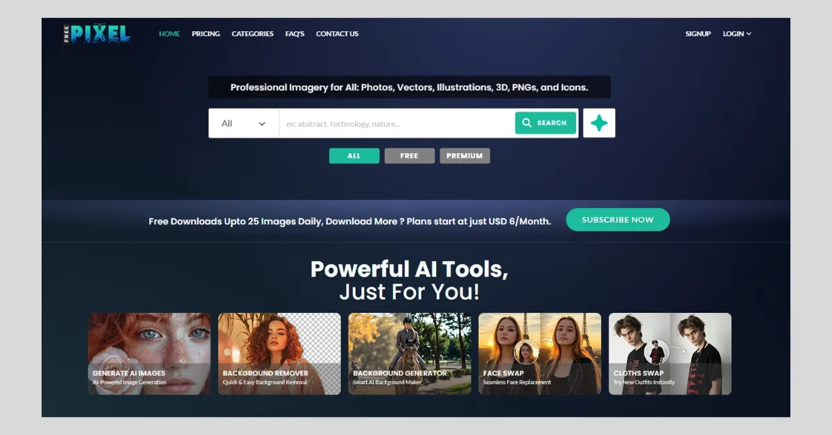 FreePixel’s latest update introduces AI-Powered Design Tools — AI Image Generator (text-to-image), AI Background Remover, AI Background Generator, Face Swap, and Clothes Swap.