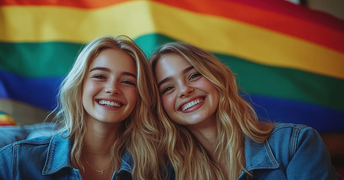 A joyful moment featuring two blonde women laughing in front of a vibrant rainbow flag, representing love, acceptance, and equality. This image celebrates the spirit of World Pride and LGBTQ+ support.