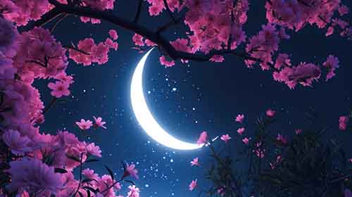 Free Background Image of Crescent Moon with Pink Flowers Free Background Image of Crescent Moon with Pink Flowers