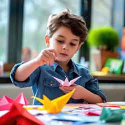 Free Education Photo Of A Young American Boy Sitting At A Table Folding Paper Into Various Shapes