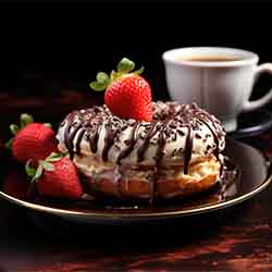 Free Food and Drinks Photo of A Powdered Doughnut with Strawberries and Tea