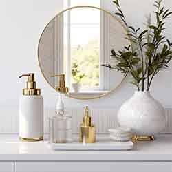 Free Interior Photo of Bathroom with Self Care Products in Golden White Color Free Interior Photo of Bathroom with Self Care Products in Golden White Color