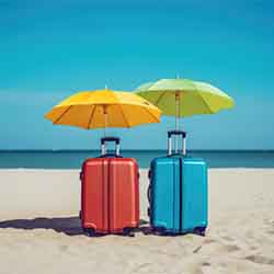 Free Travel Photos of Two Luggage Bags under Umbrella on a Beach Free Travel Photos of Two Luggage Bags under Umbrella on a Beach